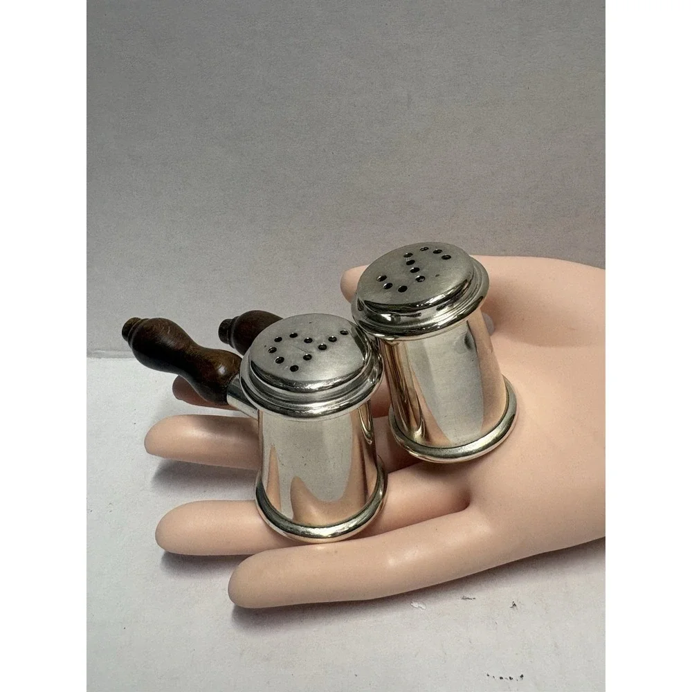 Silver plated Salt & Pepper Shaker‎ Hammer shape small vintage wood handles
